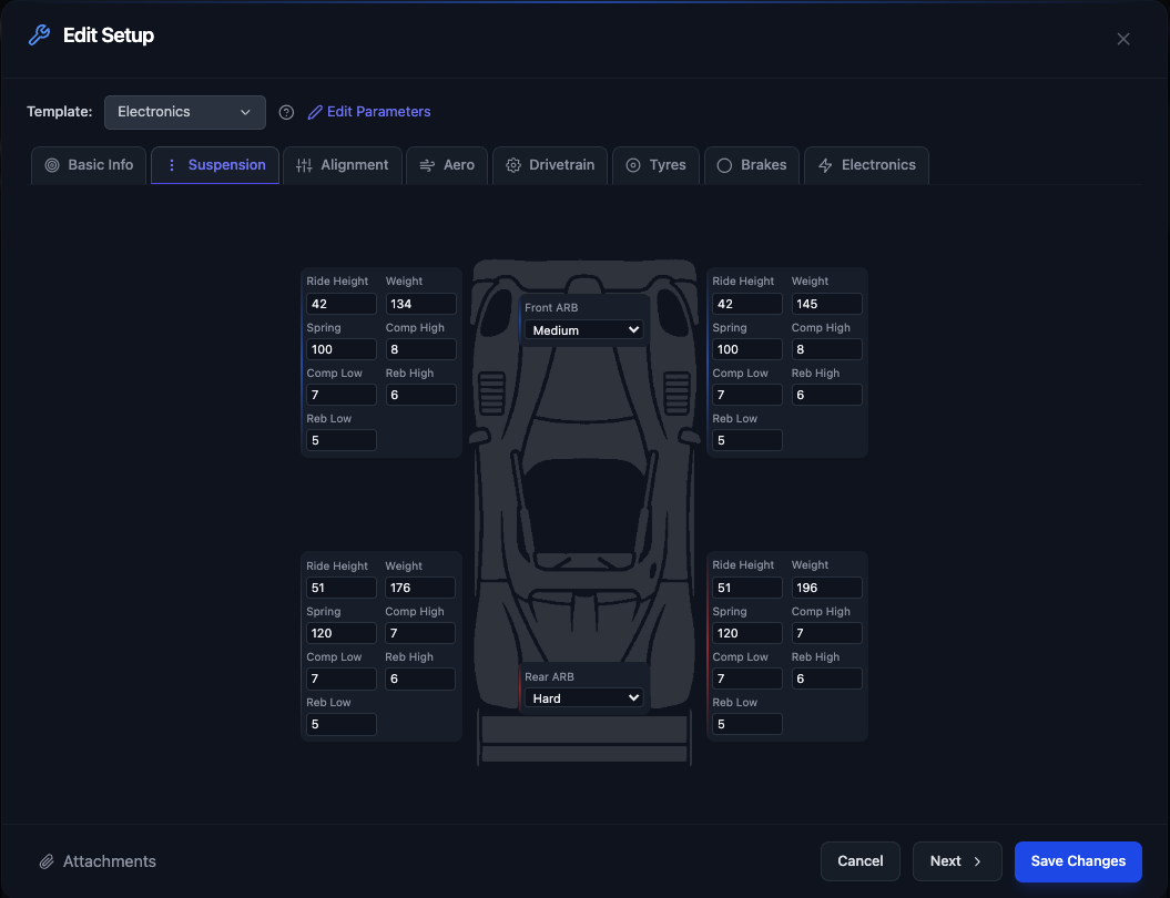 Vehicle Setup Manager showing setup parameters with diff view comparing versions